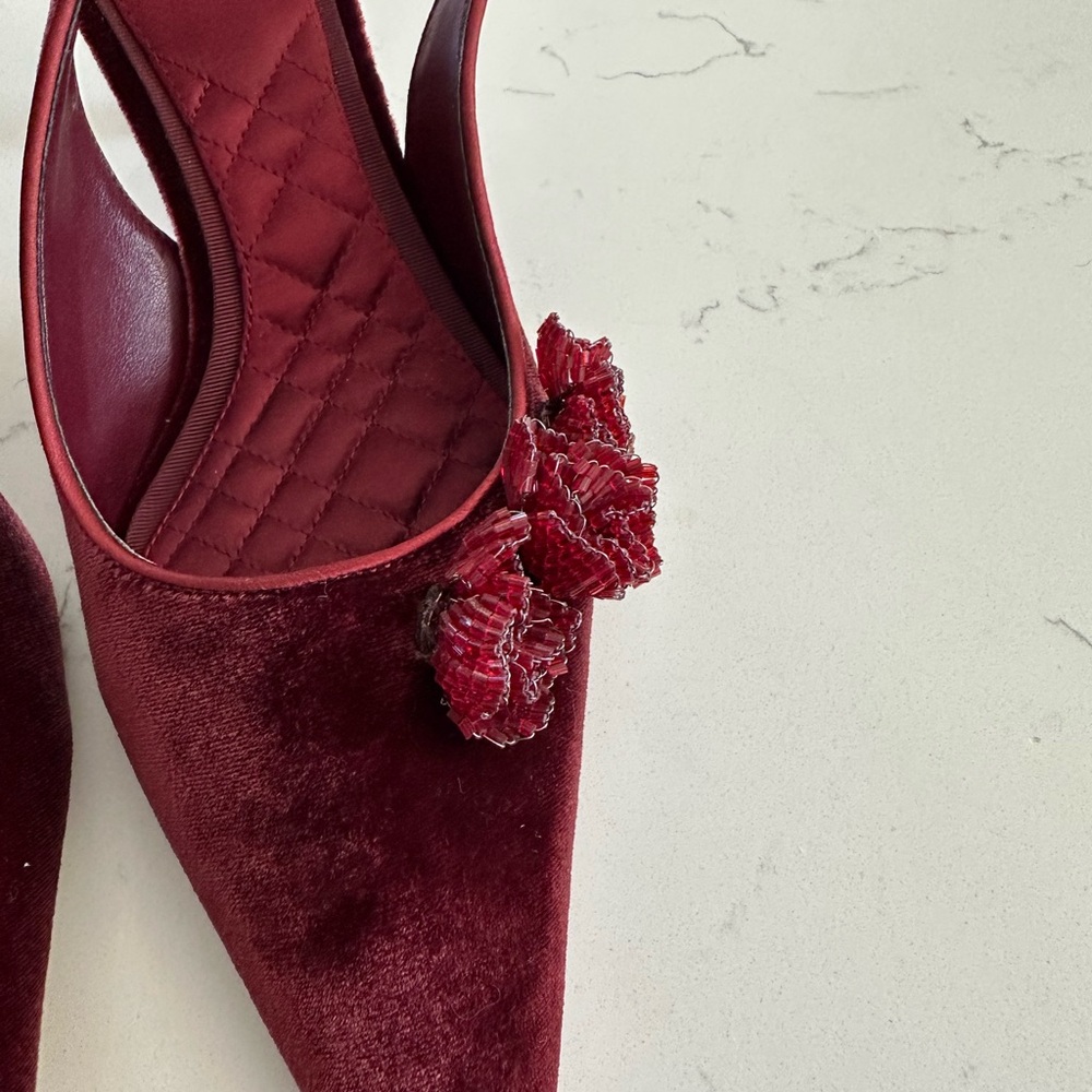 Sam Edelman Burgundy Velvet Heels with Floral Accent